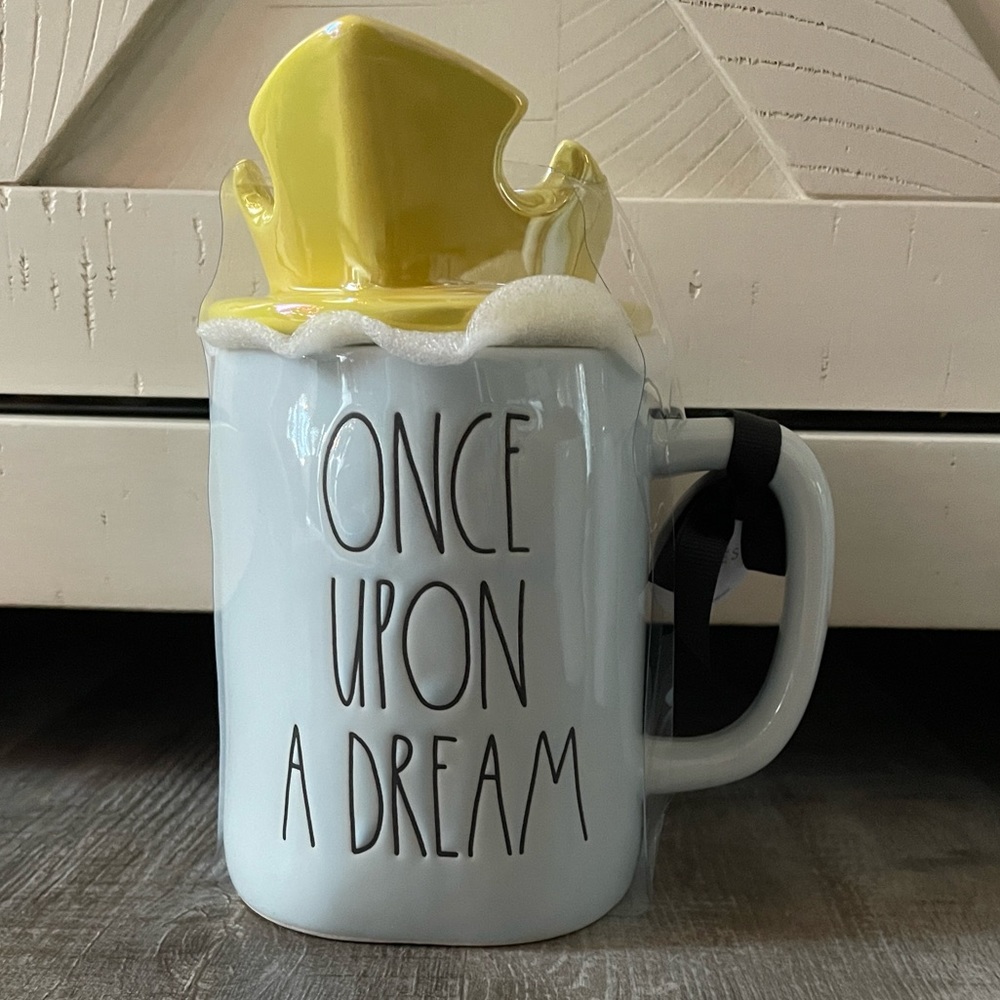 Rae Dunn ONCE UPON A DREAM Sleeping beauty mug with crown topper